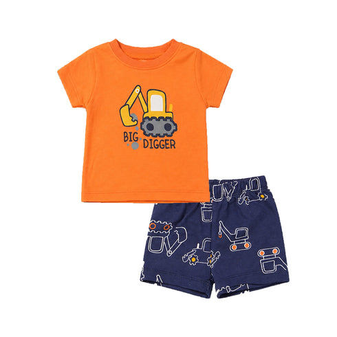 Baby Boys 2 T-Shirts & 2 Shorts Set Orange Grey Blue Big Digger Set