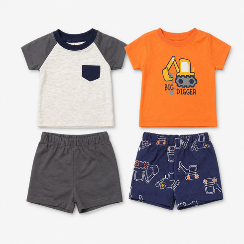 Baby Boys 2 T-Shirts & 2 Shorts Set Orange Grey Blue Big Digger Set