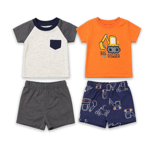 Baby Boys 2 T-Shirts & 2 Shorts Set Orange Grey Blue Big Digger Set
