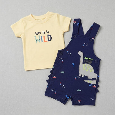 Baby Boys Dungaree Dress Set with T-Shirt & Socks Blue Dino Set