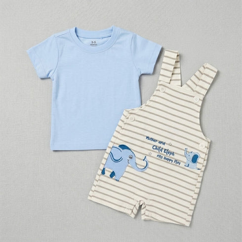 Baby Boys Dungaree Dress Set with T-Shirt & Socks Blue White Elephant Set