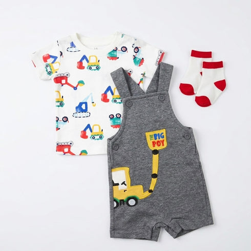 Baby Boys Dungaree Dress Set with T-Shirt & Socks Grey White The Big Boy Set