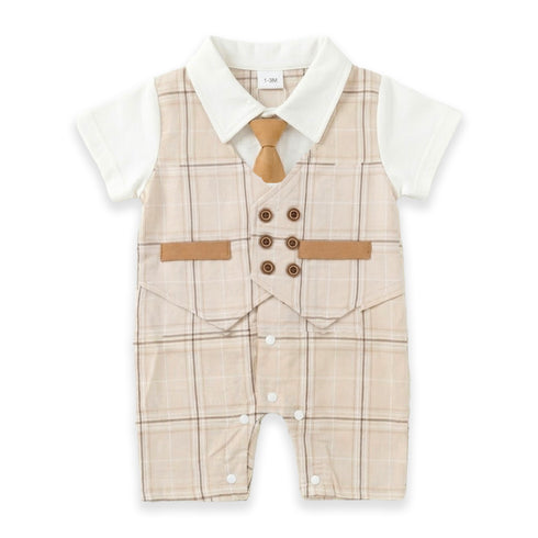 Baby Boys Formal Romper Beige Brown Checks