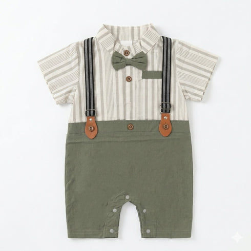 Baby Boys Formal Romper Dark Green Suspenders Bow Style