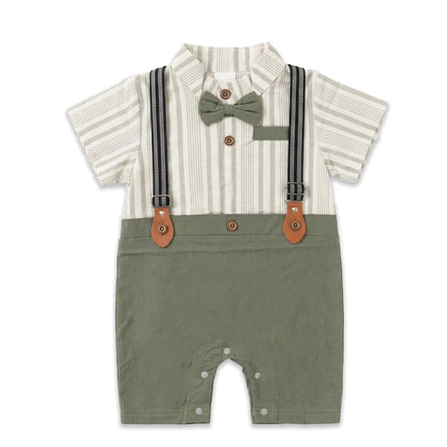 Baby Boys Formal Romper Dark Green Suspenders Bow Style