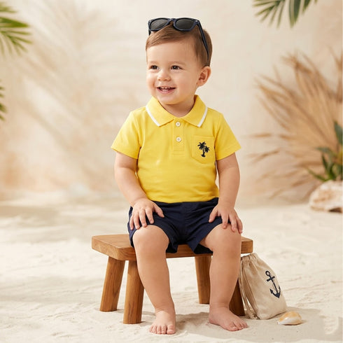 Baby Boys Polo Shirt & Shorts Set with Sunglasses Yellow Hawaii Design