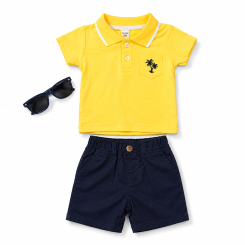 Baby Boys Polo Shirt & Shorts Set with Sunglasses Yellow Hawaii Design