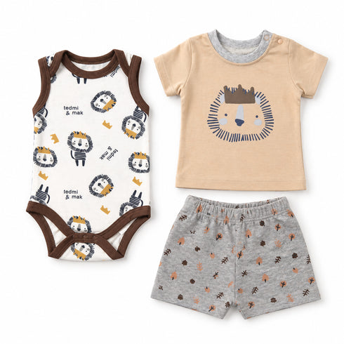 Baby Boys T-Shirt Bodysuit & Shorts Set Brown Roar Set