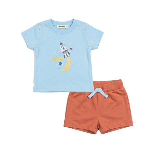 Baby Boys T-Shirt Onesie & Shorts 3-Piece Set Blue Brown Space Adventure Set