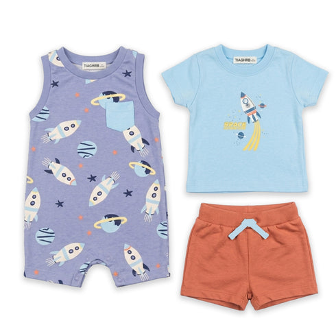 Baby Boys T-Shirt Onesie & Shorts 3-Piece Set Blue Brown Space Adventure Set