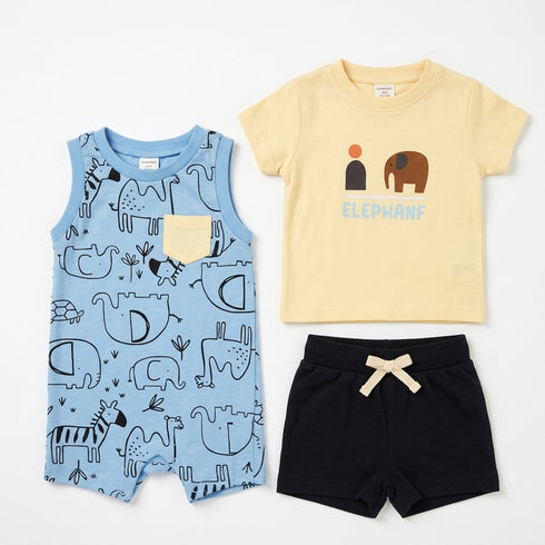 Baby Boys T-Shirt Onesie & Shorts 3-Piece Set Cream Elephant Set