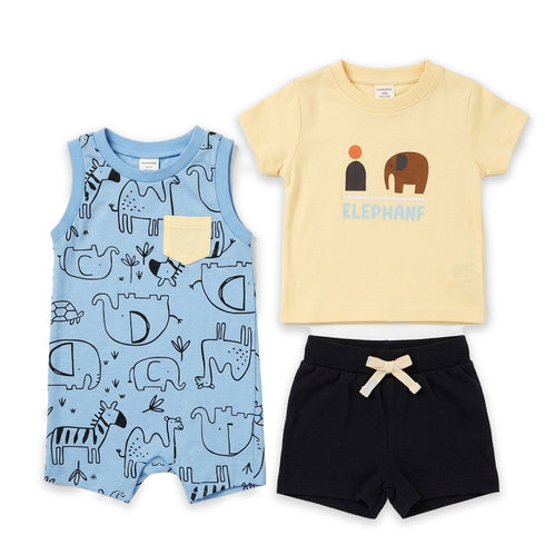 Baby Boys T-Shirt Onesie & Shorts 3-Piece Set Cream Elephant Set