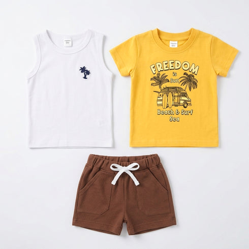 Baby Boys T-Shirt & Sando Shirt with Shorts Set Yellow Freedom Is Sun Set