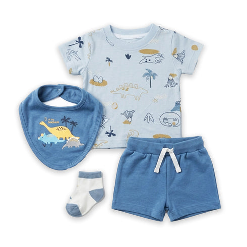 Baby Boys T-Shirt & Shorts Set with Bib & Socks Blue Purple Dino Set