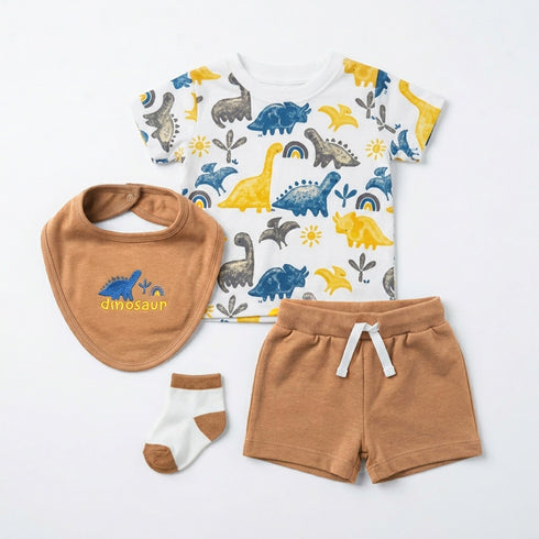 Baby Boys T-Shirt & Shorts Set with Bib & Socks Brown Dino Set