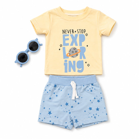 Baby Boys T-Shirt & Shorts Set with Sunglasses Offwhite Never Stop Exploring Space Set
