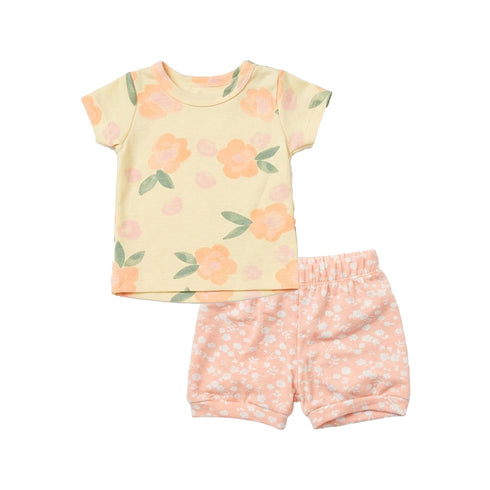 Baby Girls 2 T-Shirts & 2 Shorts Set Blue Pink Floral Set