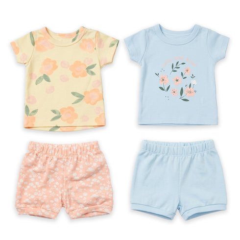 Baby Girls 2 T-Shirts & 2 Shorts Set Blue Pink Floral Set