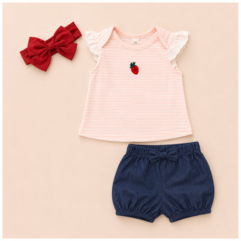 Baby Girls 3 Pc Suit T-Shirt Shorts and Headband Pink Blue