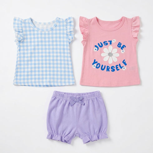 Baby Girls 3-Piece Set 2 T-Shirts 1 Shirt Blue Pink Floral Set
