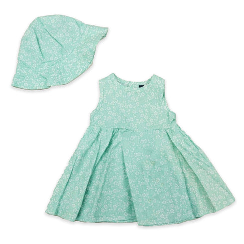 Baby Girls Cotton Frock with Hat Green Floral Printed