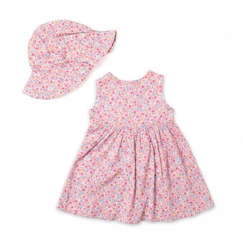 Baby Girls Cotton Frock with Hat Pink Floral