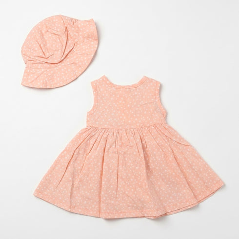 Baby Girls Cotton Frock with Hat Peach Floral Printed