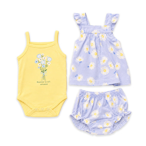 Baby Girls Cotton Suit Set Frock Bodysuit and Panty Blue Yellow Floral