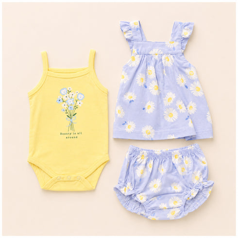 Baby Girls Cotton Suit Set Frock Bodysuit and Panty Blue Yellow Floral