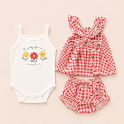 Baby Girls Cotton Suit Set Frock Bodysuit and Panty Red White Checks & Floral