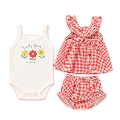 Baby Girls Cotton Suit Set Frock Bodysuit and Panty Red White Checks & Floral