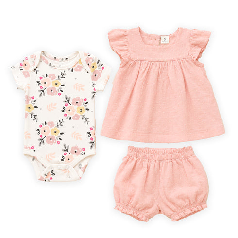 Baby Girls Cotton Suit Set Frock Bodysuit and Shorts Pink White Floral