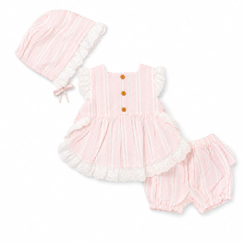 Baby Girls Cotton Suit Set Frock Shorts with Hat Baby Pink Striped