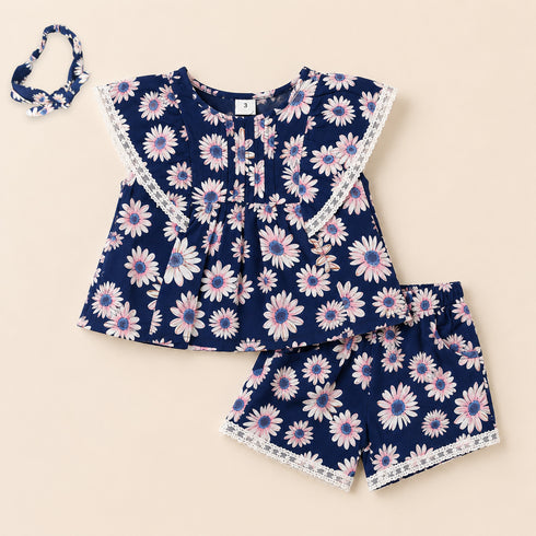 Baby Girls Cotton Suit Set Frock Shorts with Headband Blue Floral