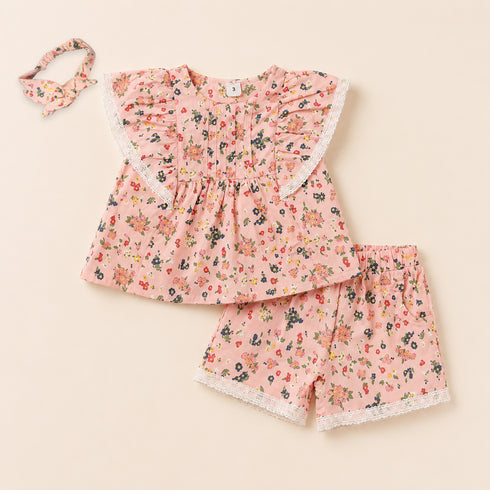 Baby Girls Cotton Suit Set Frock Shorts with Headband Pink Floral