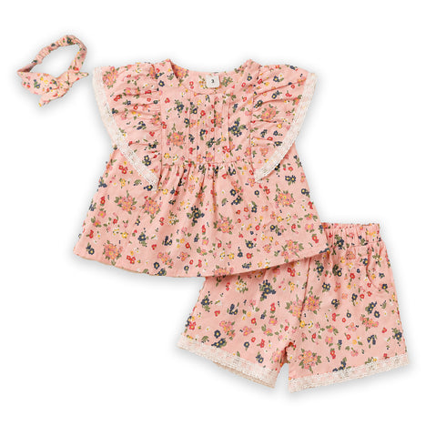 Baby Girls Cotton Suit Set Frock Shorts with Headband Pink Floral