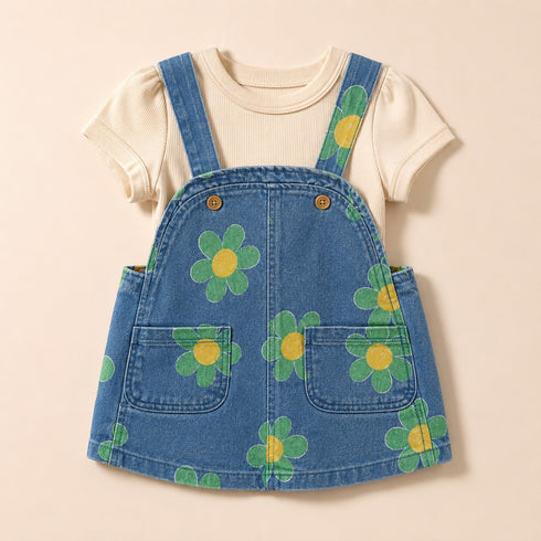 Baby Girls Denim Dangri Dress with Bodysuit Floral