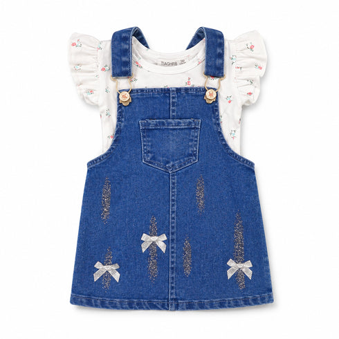 Baby Girls Dungaree Dress Set with T-Shirt Dark Blue Glittered Set