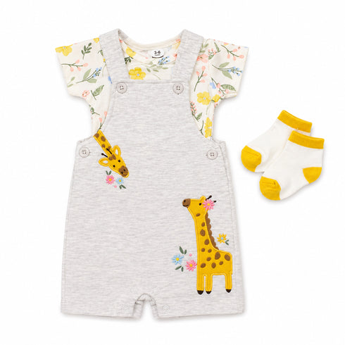 Baby Girls Dungaree Dress Set with T-Shirt & Socks Grey White Floral Set
