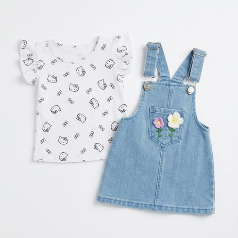 Baby Girls Dungaree Dress Set with T-Shirt Light Blue Floral Set