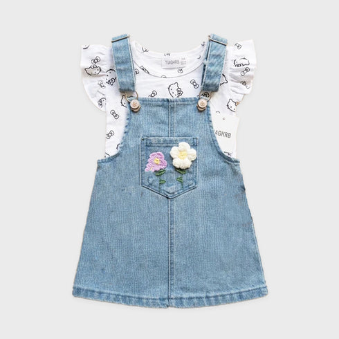 Baby Girls Dungaree Dress Set with T-Shirt Light Blue Floral Set