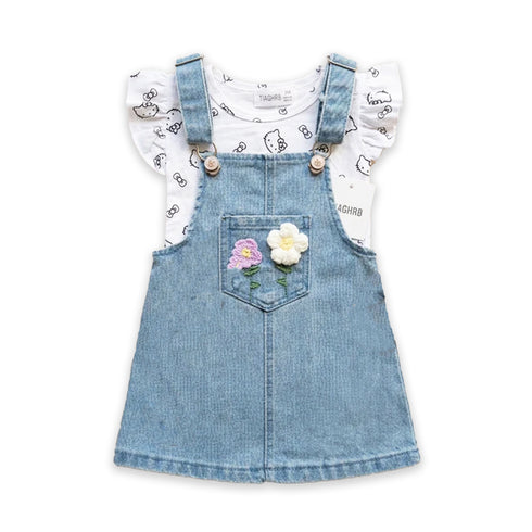 Baby Girls Dungaree Dress Set with T-Shirt Light Blue Floral Set