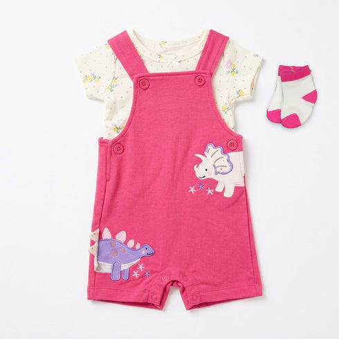 Baby Girls Dungaree Dress Set with T-Shirt & Socks Pink Dino Set
