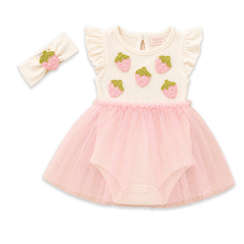 Baby Girls Frock with Bodysuit Cotton Jersey Net Pink White Embroidered Textured