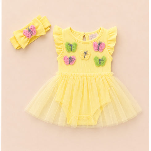 Baby Girls Frock with Bodysuit Cotton Jersey Net Yellow Embroidered Textured