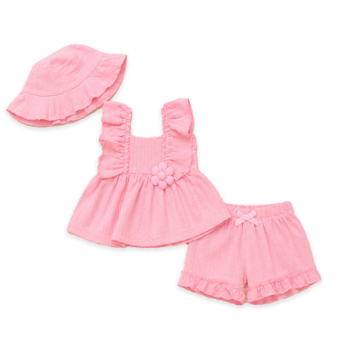 Baby Girls Frock Set with Shorts and Hat Pink Textured Fabric