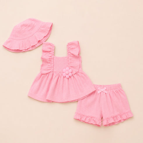 Baby Girls Frock Set with Shorts and Hat Pink Textured Fabric