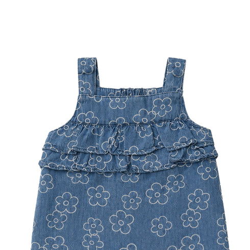 Baby Girls Cotton Jumpsuit Blue Flower Print with Headband