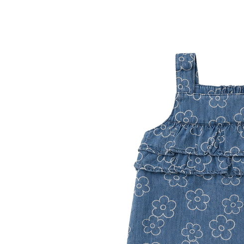 Baby Girls Cotton Jumpsuit Blue Flower Print with Headband