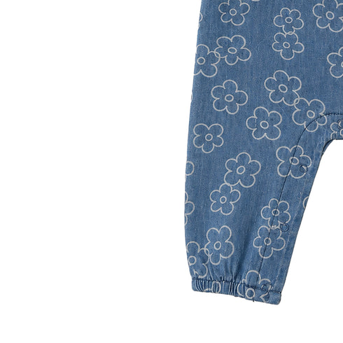 Baby Girls Cotton Jumpsuit Blue Flower Print with Headband